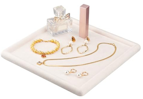 PH PandaHall Vassoio per Gioielli In Velluto, Vassoio Portaoggetti Quadrato per Gioielli, Collane, Bracciali, Anelli, 25cm, vetrina, Comodino, Organizer In Legno con Espositore per Gioielli, Beige