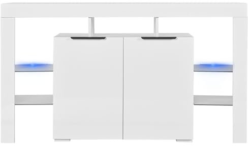 Hochglanz-LED-Sideboard, Küchenschrank, Schrank, Buffet-Aufbewahrung, Servertisch mit LED-Leuchten, Hochglanz-Buffetschrank mit 4 Glasböden und 2 Tür, Vitrine für Wohnzimmer, Eingangsbereich (Weiß)