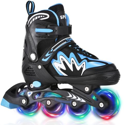 TOMSHOO Rollschuhe, Inliner Roller Skates mit 4 Größen Verstellbar, LED Rädern, Mehrere Größenoptionen, Inlineskates für Kinder Erwachsene Jungen Mädchen, Blau, L