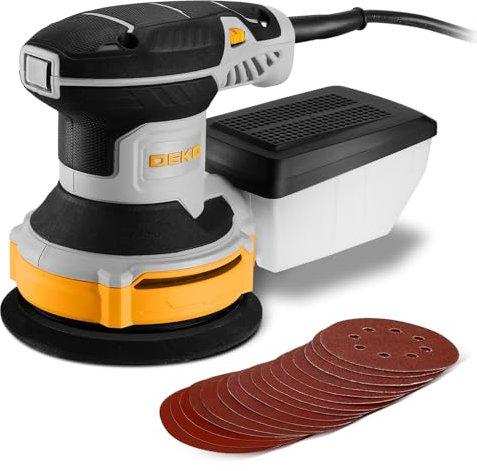 DEKOPRO 300W Ponceuse Orbitale Excentrique, 6 Vitesses, 14000RPM, Papier Abrasif 16 Pièces, Patin de Ponçage 125mm, Collecteur de Poussière, pour Surfaces en Bois et Acier