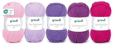 Gründl Wolle Lisa Premium uni - Garn zum Stricken - Strickgarn - Häkelgarn - Weich und hautfreundlich - 100% Polyacryl 5 Knäuel 50 g / 133 m - Nadelstärke 3,5-4,5 - Rosa-Flieder-Lila-Fuchsia