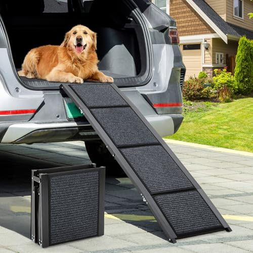 The Fellie Große Hunderampe Auto Klappbar 170CM, Hundetreppe Mit Rutschfester Teppichoberfläche Für Große, Mittlere Und Kleine Hunde, Tragbare Hunderampe Für SUV Auto & LKW, Hundetreppe Bis Zu 110KG