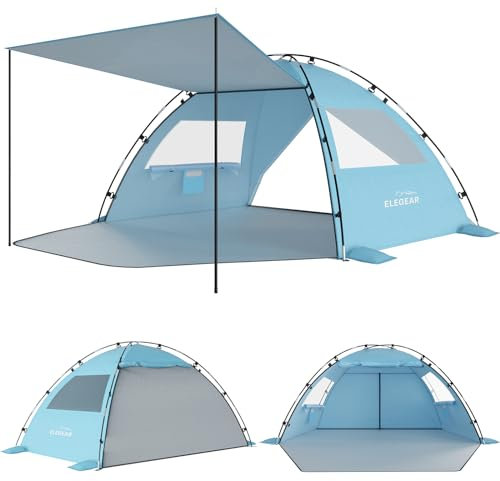 Elegear Strandmuschel für 6-7 Personen, mit Erweiterbare Sonnendach Strandmuschel UV Schutz 50+ mit 2 Fenster, Hintertür mit Reißverschluss, Tragbares Strandzelt für Familie, Sonnenschutz Strand