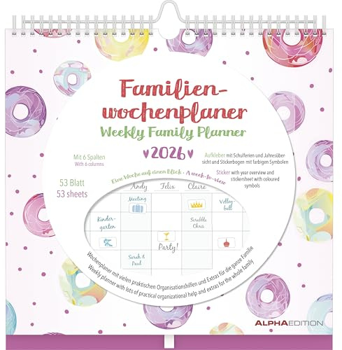 Alpha Edition - Familien Wochenkalender Dots 2026 – Familienplaner im Format 30,5x30,5 cm – Wochenkalender mit 6 Spalten – Mit Aufklebern, Stifthalter – Terminplaner – FSC-zertifiziert