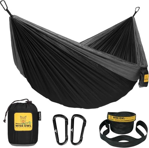 Camping-Hängematte aus Parachute-Nylon – Tragbar & Leichtgewicht (bis 400 lbs) | Ideal für Outdoor, Survival & Reisen(Schwarz&Grau)