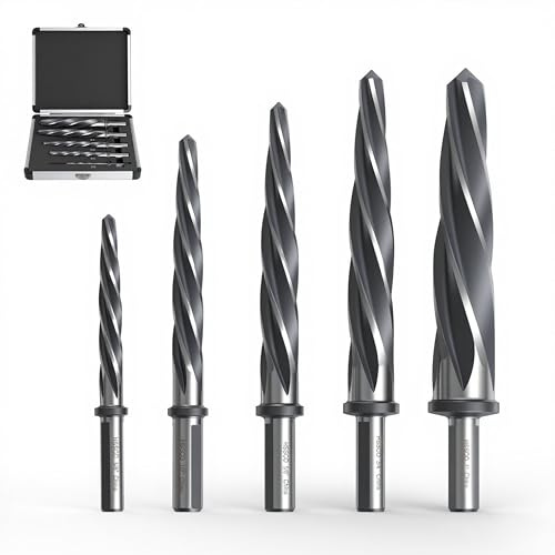 5PCS M35 HSS Taper Chucking Reamer Set 3/8,1/2,5/8,3/4,1 Fit 3/8 or 1/2 Shank Construction Reamer Drill Bit Bridge Also for Wood Alloy Steel Metal Align The Existing Hole and Expand The Reamer