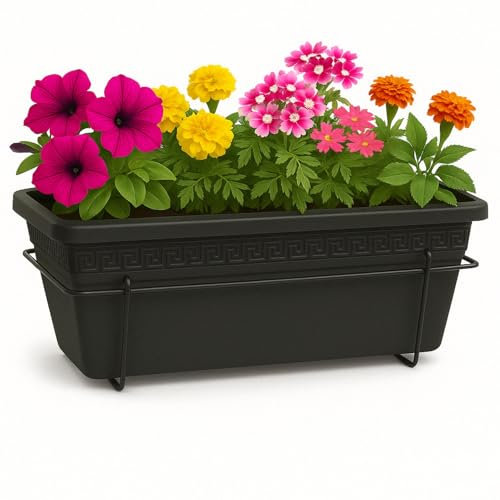 TECHZOCO Jardinera de plástico, Balconera de plástico, Macetero para Jardín, Fabricado en Polipropileno, Incluye Soporte, Patio, Interior o Exterior, 40 cm Largo x 15 cm Alto x 18 cm Fondo, Antracita