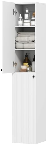 HOMCOM 300 x 1610 mm Wall Mounted Tall Bathroom Cabinet with Soft-Close Hinges, Slim Bathroom Storage Cabinet with 2 Doors, Modern Narrow Storage Cupboard, White