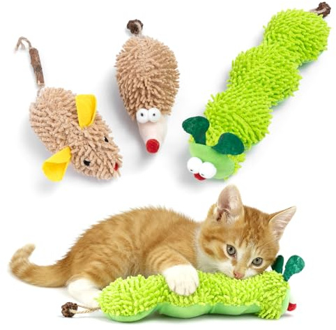 Interactive Plush Cat Toys Catnip Toys for Indoor Adult Kittens Cat Chew Toy for Teeth Cleaning Bite-Resistant Plush Caterpillar,Mouse,Hedgehog Design, Dental Health Benefits (3 PCS)