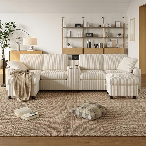 YAIXBNG U-formad soffa av Corduroy, inklusive 2 fotpall med stoppfunktion, soffbord, 2 mugghållare, 1 USB-port, 2 uttag och 2 typ-C-portar; beige; (B315 × H81 × T135 cm)
