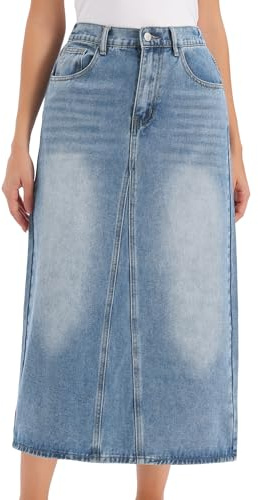 Allegra K Jupe Longue en Jean Femme Taille Élastiquée Coupe Trapèze | Jupe Maxi en Denim Délavée