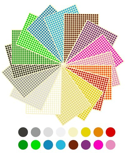 Sheets 6mm Round Sticky Coloured Dots Circle Labels Stickers-6528 pcs | Sixteen assortments coding tags; self-adhesive backing sheets; efficient organizational marker for office file crafting