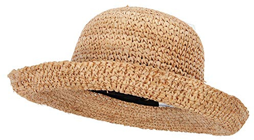 Jeanne Simmons Women's 3 Inch Turn Up Brim Straw Crochet Summer Bucket Hat - Raffia OSFM