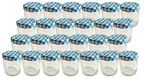 Vitrea 25 x Marmeladengläser kleine 50 ml Gläschen mit Schraub-Deckel Blau Kariert - Mini Einmachgläser - Honiggläser - Probiergläser für Gastgeschenke & Hochzeit Made in Germany