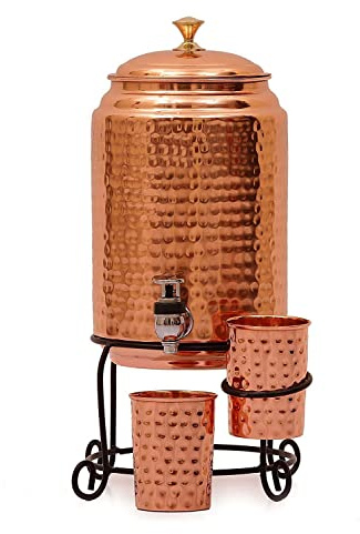 Pure 100% Hammered Copper Water Dispenser (Matka/Hammer), 5000 ml Pitcher, with 2 Copper Glasses and Iron Stand for Home and Kitchen