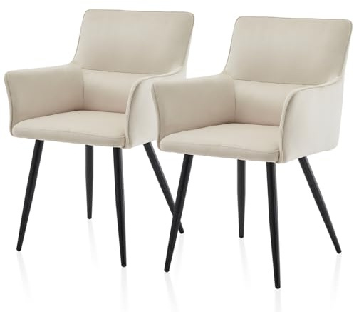TUKAILAI Esszimmerstühle 2er-Set aus Samt, Modern Polsterstuhl Küchenstuhl mit Armlehnen, Rückenlehne, Polstersitz, Metallbeine,Wohnzimmer-Sessel, Esszimmer Küche, 2 stück Stuhl, Creme