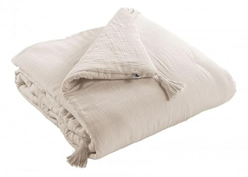 Mylittlebed Edredón Cubrecama El Efecto Mariposa 90x200 cm – Camino de cama 100% Gasa de Algodón con Acabado de Pompones [Cubrecamas y Colchas] (Beige Pampa)