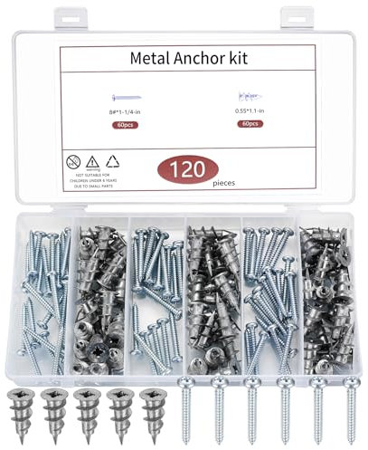 120 PcsChevilles pour Plaques de Plâtre avec Vis Autoperceuses (60 Vis+60 Chevilles), Chevilles pour Murs Creux Métal pour Fixation Béton Plaques de Plâtre (tête unique)