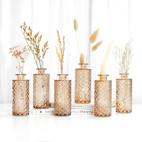 Vasi Vetro Ambra Diamante (6 Pezzi) - Set Decorativi - Vaso Fiori per Pampas - Vasi Vintage Rustici per Tavolo, Centrotavola, Matrimoni, Ricevimenti