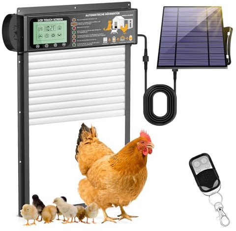 XRDZYXGS Automatische Hühnerklappe, Einklemmschutz Hühnerklappe, Elektrische Hühnerklappe mit Wasserdicht Großes Display,Lichtsensor, Fernbedienung, Hühnerklappe Solar für Sichere Hühnerhaltung