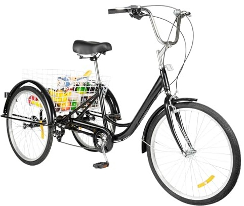 Linanty Dreirad für Erwachsene 24 Zoll 8-Gang, Dreiradfahrrad mit großem Korb, Verstellbarer Sitz Cruiser Trike Rennrad für Männer, Frauen, ältere Menschen, Schwarz + Weiß