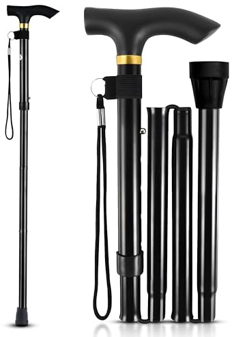 ALOCH Walking Stick – Adjustable Folding Walking Sticks for Women & Men with Rubber Ends, Lightweight Collapsible Cane – Foldable Travel Walking Aid (BLACK)