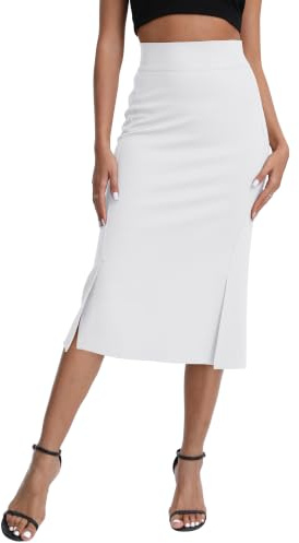 Kvinnor Elegant Business Elastisk Bodycon Penna Kjol Hög Midja Midi-Kjolar med Delad, Vit, M