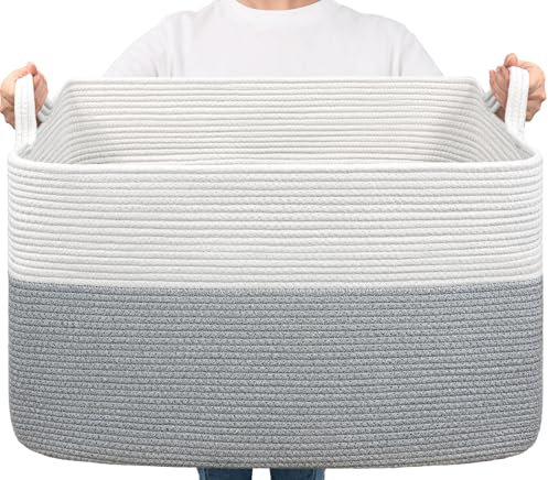 Extra Large Storage Basket, Laundry Basket, Rectangle Cotton Rope Woven Baskets for Toys, Blankets, Towels, 60 x 40 x 35 cm, 85 L, Grey