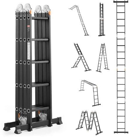 VEVOR Escalera Plegable Multiusos Extensible Alta 7 en 1, 5 Escalones con Estructura en A, Altura de Alcance de 5,8 m, Capacidad de 149,7 kg para el Hogar y el Exterior, 1930 x 708 x 2775 mm, Plata