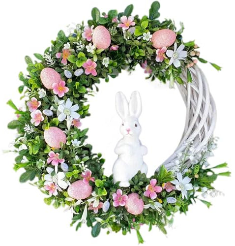 40cm Easter Wreath for Front Door,Easter Decorating Rattan Circle Wreaths Ornaments Cute Bunny Shape Decorations,Handmade Rattan Bunny Rabbit Wreath Pendant Easter Decorations Gifts