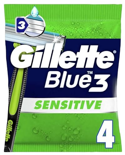 Gillette Set di 4 rasoi usa e getta da uomo blu 3 sensitivo, con 3 lame e testa girevole, nastro lubrificante per una rasatura del viso liscia