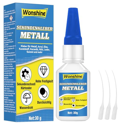 Sekundenkleber für Metall, Metallkleber Extra Stark, Wasserfester und Hitzebeständiger, mit Anti-Trocknungsspitze, für Stahl, Zink, Aluminium und mehr, 30 g