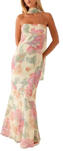 ensswliz Women Floral Strapless Dress Y2k Sleeveless Backless Tube Maxi Long Dresses Sexy Mesh Bodycon Dress Summer Beachwear (A-Mixed Color, S)
