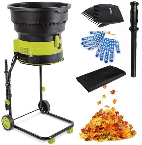 Electric Leaf Mulcher Garden Shredder, 2500w Compost Shredder Leaf Crusher with 8000RPM, 54cm Funnel Diameter, Includes Wheels, Leaf Rake & Storage Bag, Ideal for Yard Cleanup & Composting, 10m Power