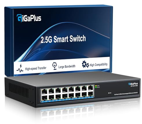 16 Ports 2.5Gb Unmanaged Ethernet Switch, 16* 2.5G Base-T Ports. GiGaPlus 2.5Gbps Network Switch for 2.5Gbps NAS/PC, Wireless AP, WiFi6 Router. Plug and Play, Fanless Design