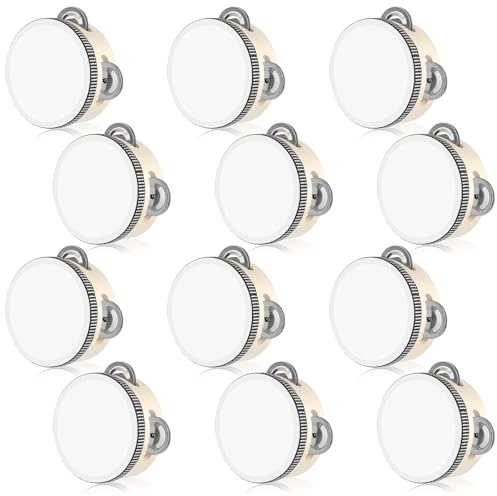 12 PCS 4 Inch Wedding Tambourines Bulk, Wedding Tambourine Drum for Adults, Wooden Hand Held Drum with Metal Jingles, Musical Educational Drums Instrument for Party, Church