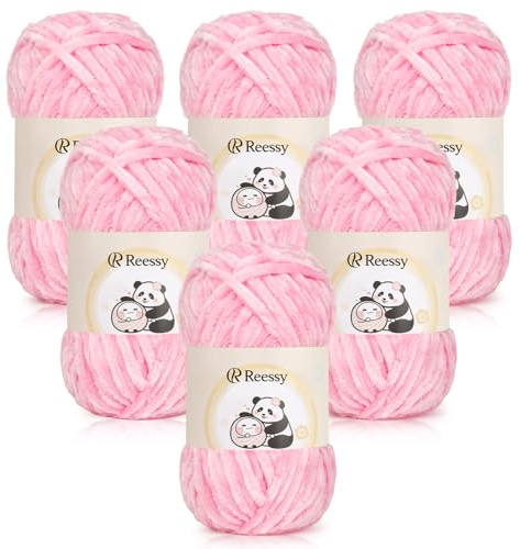Reessy Chenille Yarn 600g, Pink Chunky Chenille Yarn for Crochet&Knitting | Super Soft Fluffy Velvet Yarn, Chunky Knitting Wool Thick Yarn for Crochet Blanket, Amigurumi, Handbag, Hat, DIY Crafts
