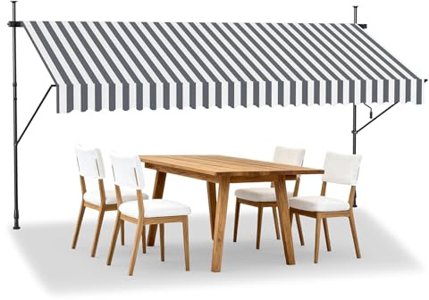 LZQ Klämmarkis balkong, markis infällbar manuell, handvev, höjdjusterbar, UV-beständig, utan borrning, 100 % polyester, grå-vit, 350 x 120 cm