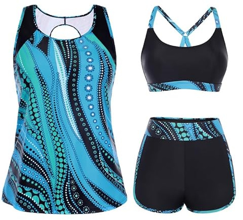 Hanna Nikole Ensemble tankini 3 pièces pour femme, maillot de bain de sport, maillot de bain gainant, maillot de bain modeste, haut tankini creux à dos rond, haut de bikini réglable et short de bain