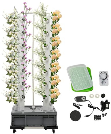 LKHDONG Sistema hidropónico de 56 agujeros, sistema de cultivo hidropónico vertical, torre de riego automático, juego de hidroponía con depósito de agua de 30 L y ruedas (gris)