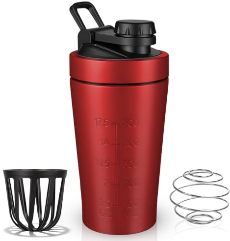 AOOWU Protein Shaker i rostfritt stål, 600 ml, proteinshaker, med kulblandare, robust och hållbar, för utomhussportentusiaster och användning