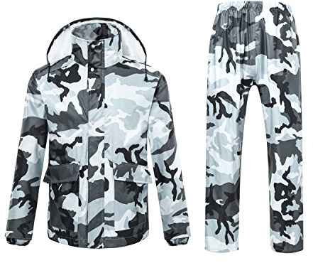 Freiesoldaten Men/Women Waterproof Jacket/Trouser Suits Windproof Coat/Pants Set Motorcycle Raincoat with Hideaway Hood, XL, Grey