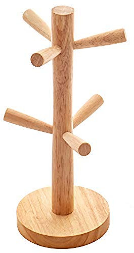 GLAITC Wood Mug Tree Mug Holder Mug Rack Tabletop Holder Wood Cup Holder Storage Organizer Display Stand Kitchen Supplies for Tea Coffee Cup Mug Hooks (6 Cup)