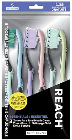 Reach Essentials Toothbrush with Toothbrush Caps, Multi-Zoned Angled Soft Bristles, Contoured Handle, Tongue Scraper, 6 Count