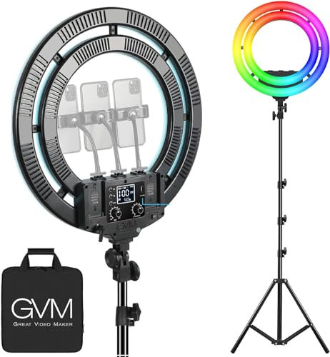 GVM LED Ringlicht mit Standfuß Kit, 48cm 50W RGB Fotografie LED Lampe Ring für Selfie, Titok Vlog YouTube Porträt, RGB Kamera LED Selfie Ringlicht für Fotografie/YouTube/Live-Übertragung/Make-up