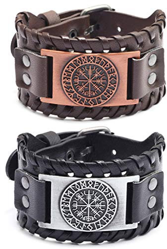 Juland 2 Stück Herren Retro Breites Metall Herren PU Leder Armband Punk Style Armbänder Breiter Gürtel Manschette Armreif Rock Wrap für Männer Junge Einstellbar –Pirat