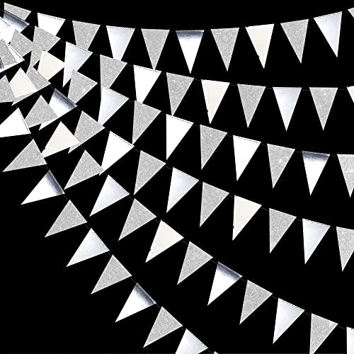 Pink Blume 30 Ft Silver Party decoraciones Glitter Metallic Paper Triángulo Banderola Bandera Garland Bunting para cumpleaños despedida de soltera cumpleaños Baby Bridal Shower