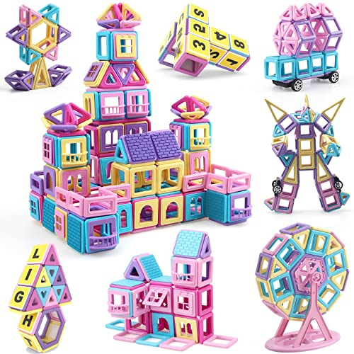 AOMIKS 154 Pcs Blocs de Construction Magnétiques Blocs Empilables Éducatifs Mini Tuiles Magnétiques Construction Jouets de Construction pour Enfants 3-12 Ans
