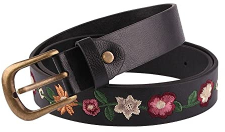 gofidin Cintura da donna in pelle PU Casual fiore ricamato decorazione cintura da donna versatile moda retrò cintura, nero, taglia unica