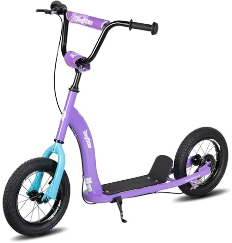 JOYSTAR Kick Scooter for Kids 5+ Teens & Youth, Lightweight Kids Scooter with Adjustable Handlebar, 2 Wheel Scooter for Boys & Girls, 12 Inflatable Wheels Rear Drum Brakes, Purple
